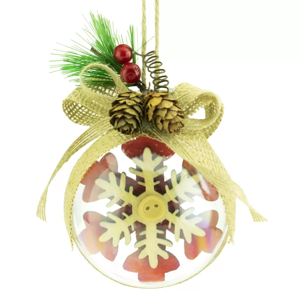 Christmas Forever BALL CLEAR 75MM CLEAR W/ SNOWFLAKE RED/NAT BURLAP BOW