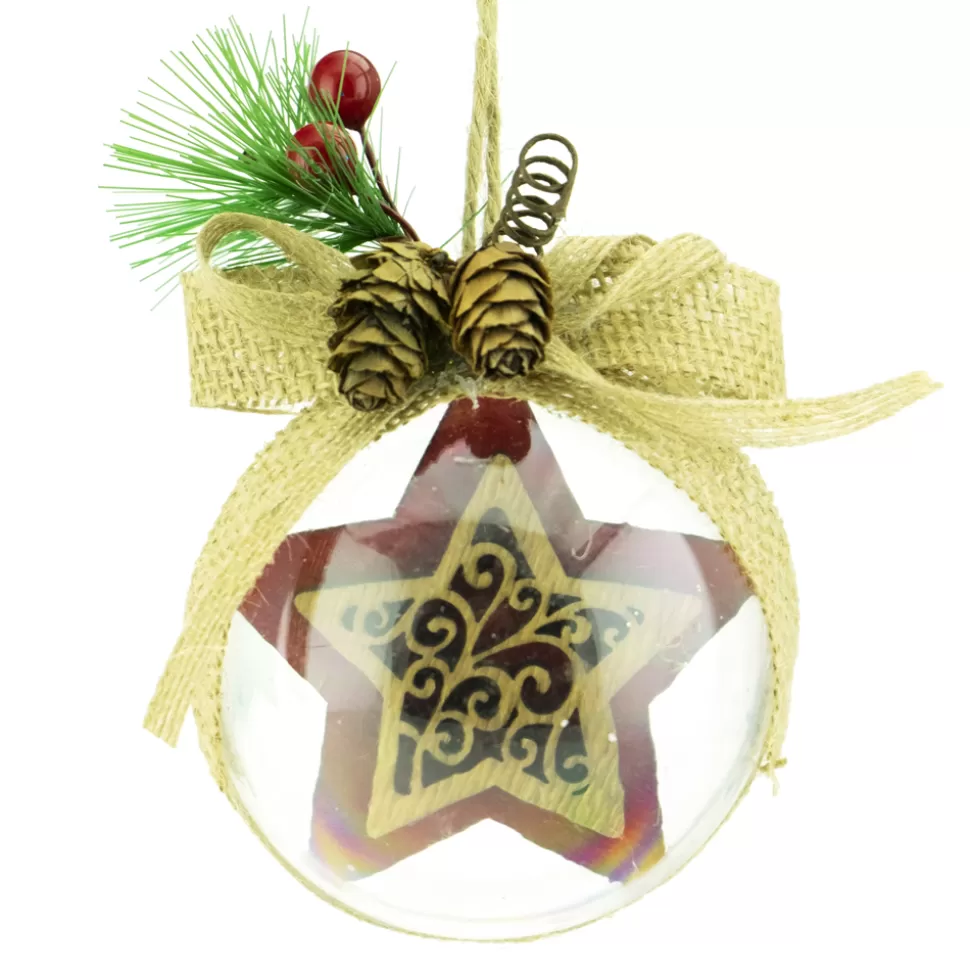 Christmas Forever BALL CLEAR 75MM CLEAR W/ STAR RED/NAT BURLAP BOW
