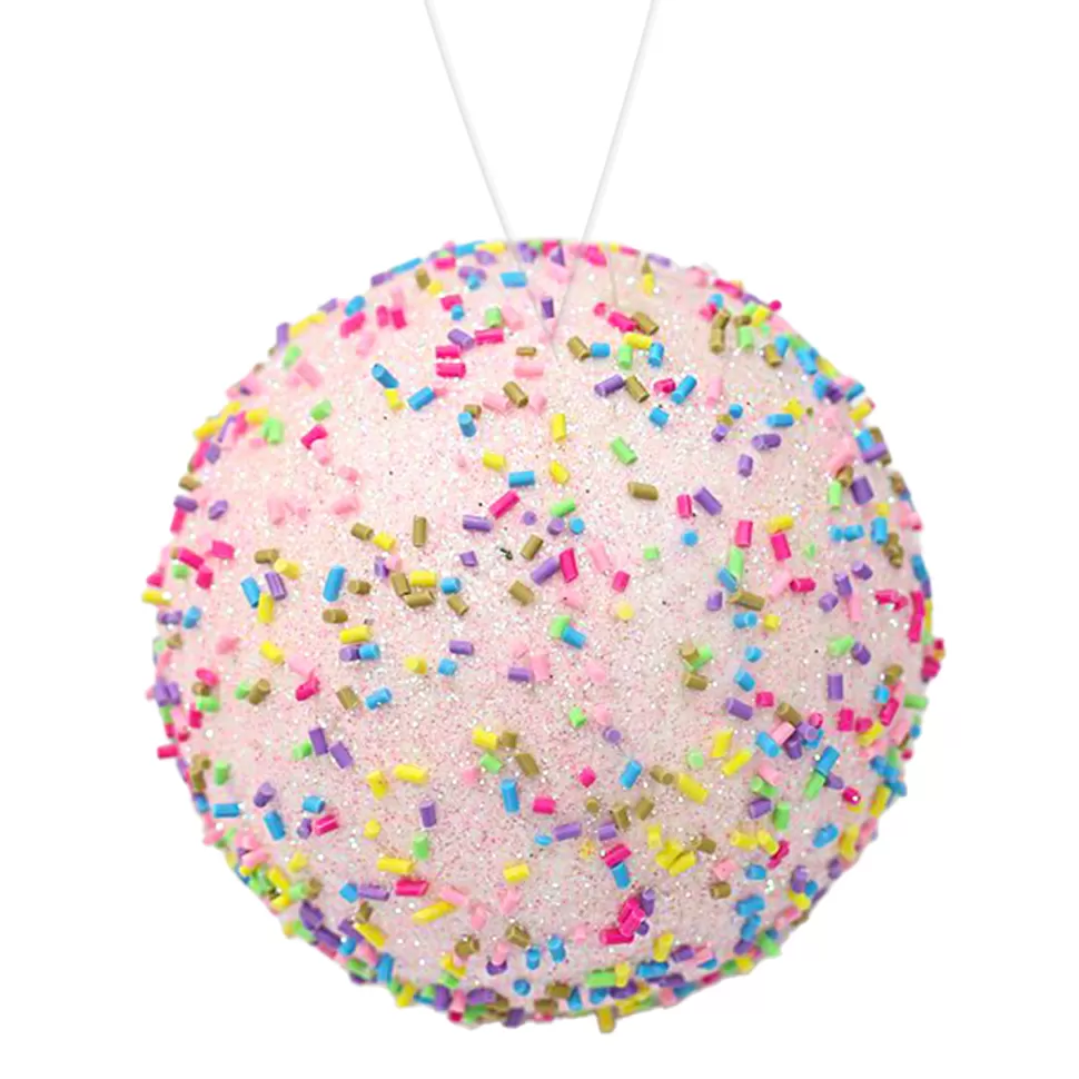 Christmas Forever BALL DECOR CANDY LIGHT PINK 100MM W/ MULTI SPRINKLES