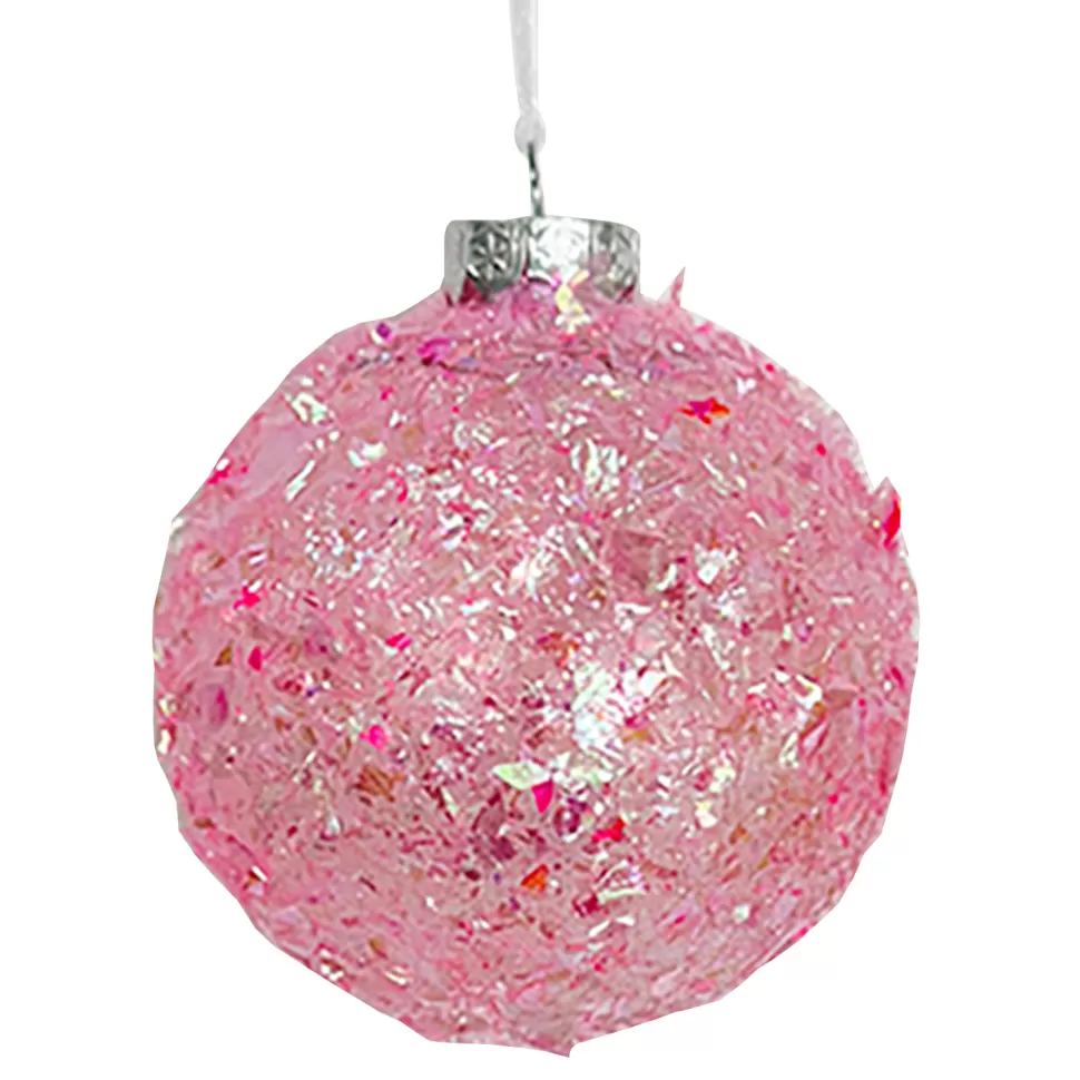 Christmas Forever BALL DECOR PINK 100MM CLEAR W/ IRIDESCENT GLITTER