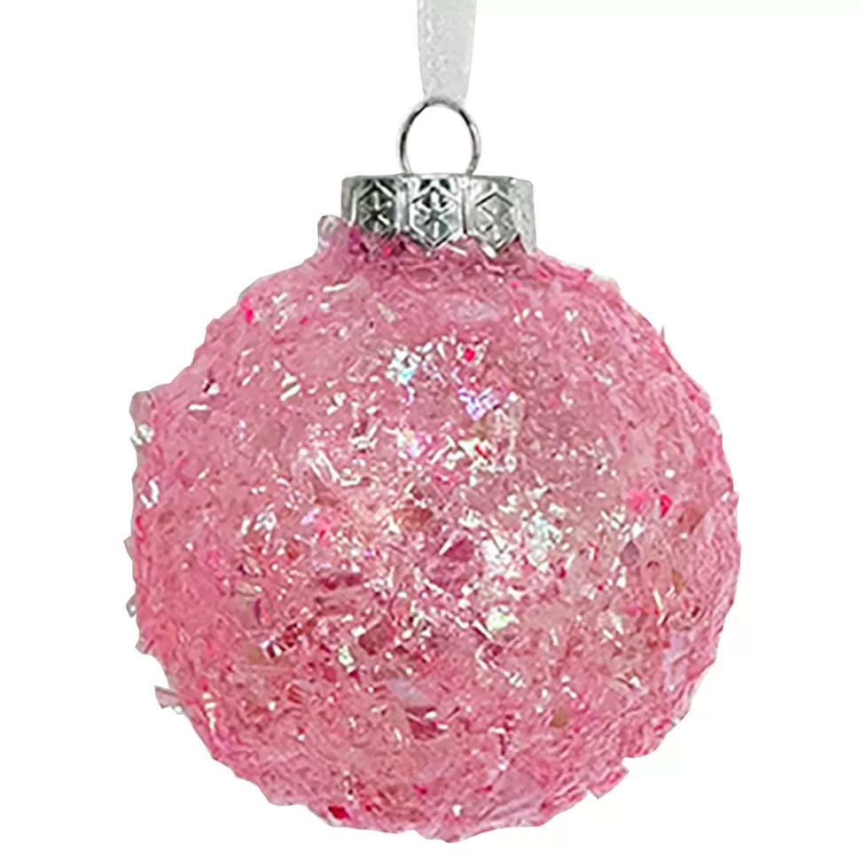 Christmas Forever BALL DECOR PINK 80MM CLEAR W/ IRIDESCENT GLITTER
