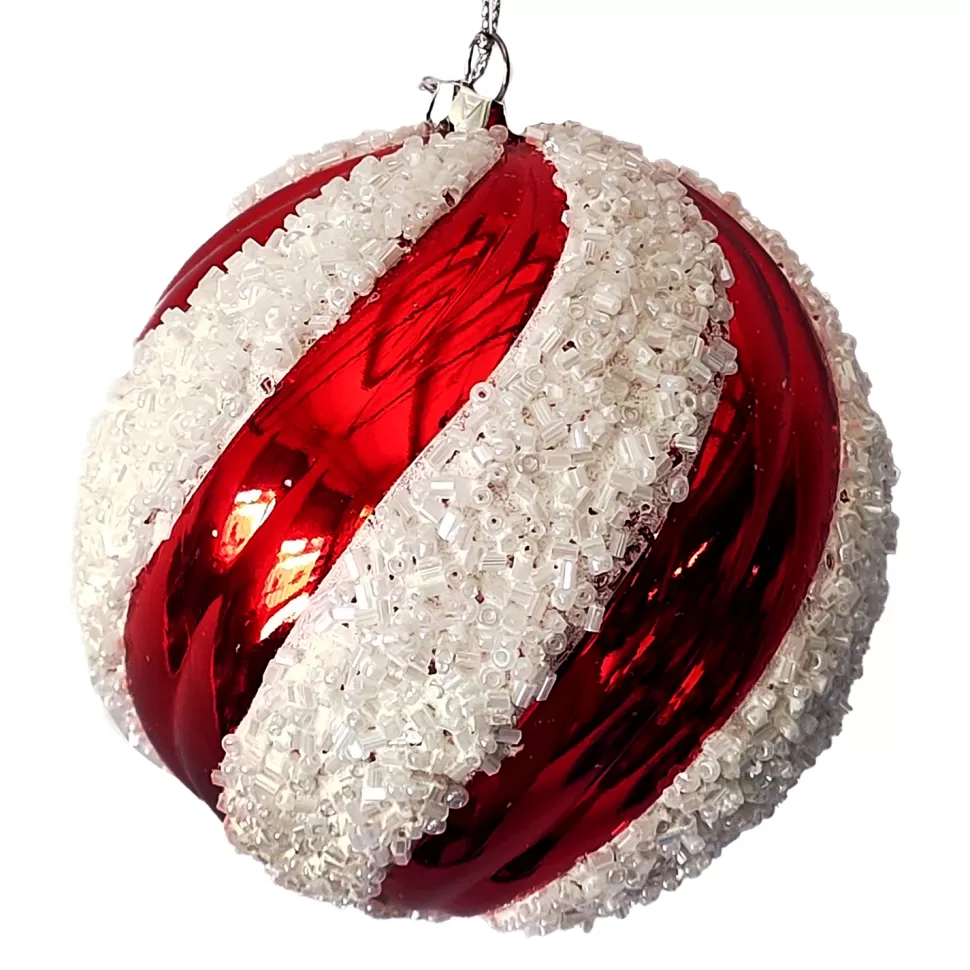 Christmas Forever BALL DECOR RED/WHITE 100MM BEADED SWIRL