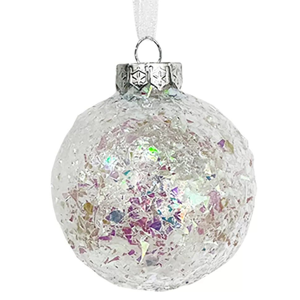 Christmas Forever BALL DECOR WHITE IRR 80MM CLEAR W/ IRIDESCENT GLITTER