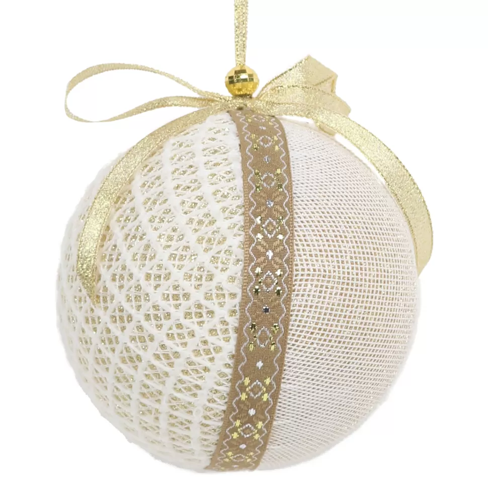 Christmas Forever BALL FABRIC4″ IVORY/GOLD 4″