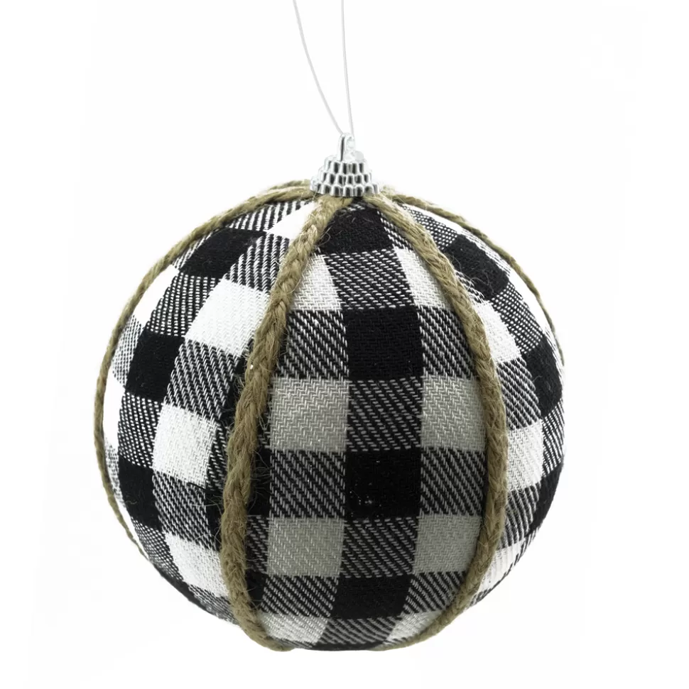Christmas Forever BALL FABRIC BLACK WHITE 4″ CHECK FABRIC W/ JUTE ROPE