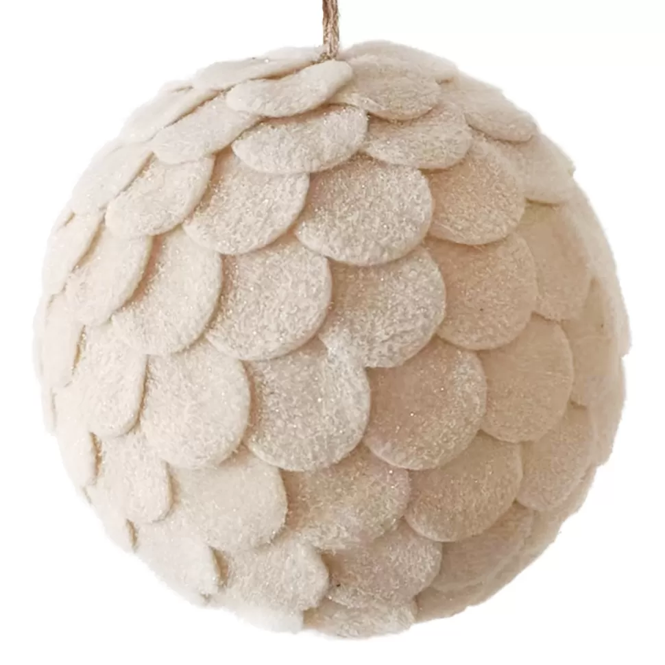Christmas Forever BALL FABRIC FELT SCALLOP 6″ CREAM FROSTED
