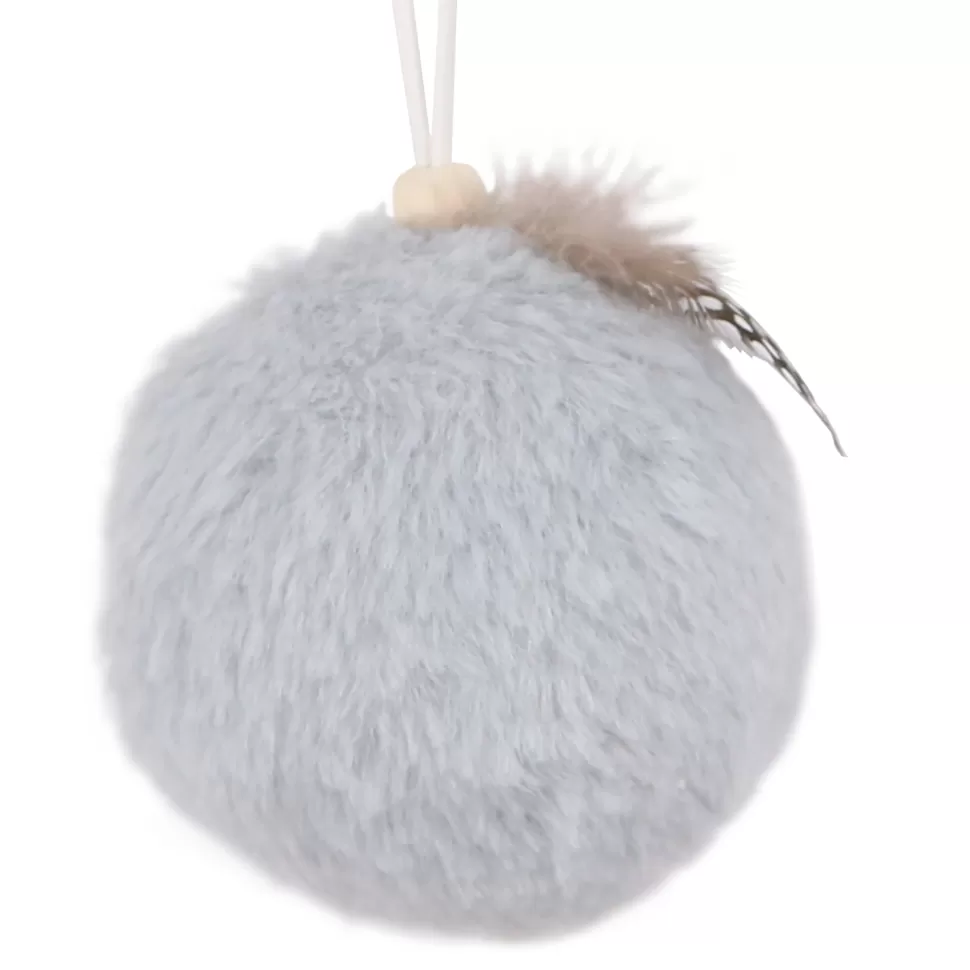 Christmas Forever BALL FABRIC FUR 3″ GRAY W/ FEATHER