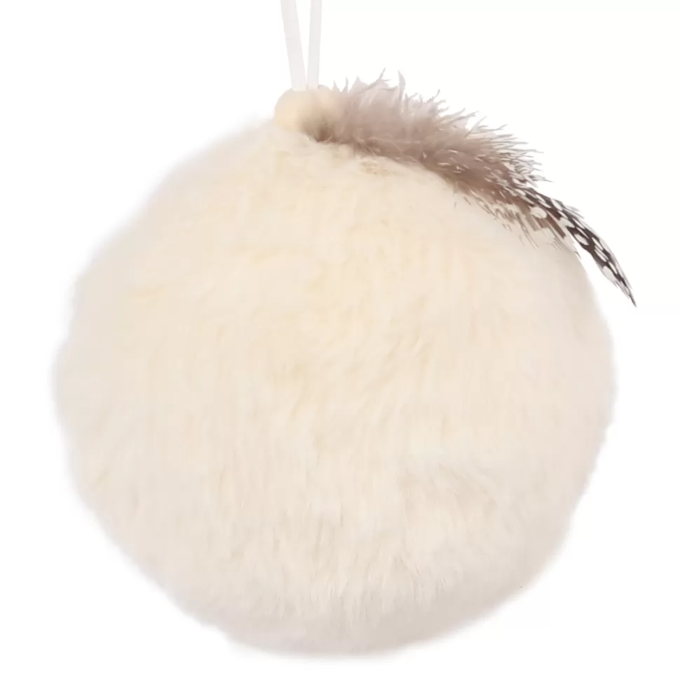 Christmas Forever BALL FABRIC FUR 3″ IVORY W/ FEATHER