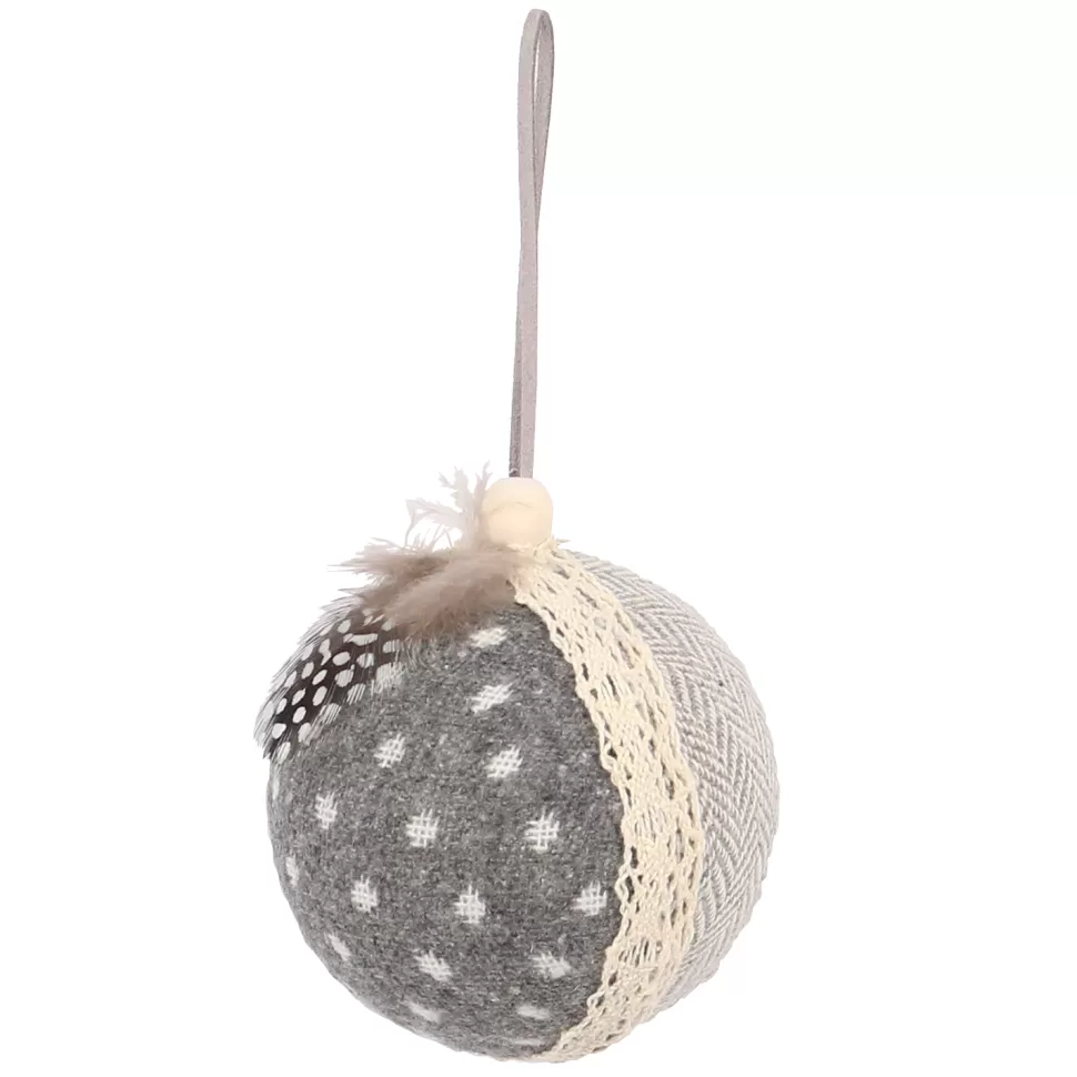 Christmas Forever BALL FABRIC GRAY/ IVORY 3″ W/ RIBBON & FEATHER