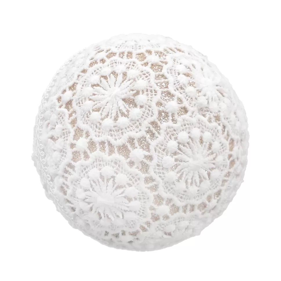 Christmas Forever BALL FABRIC LACE 4.5″ IVORY W/ GLITTER