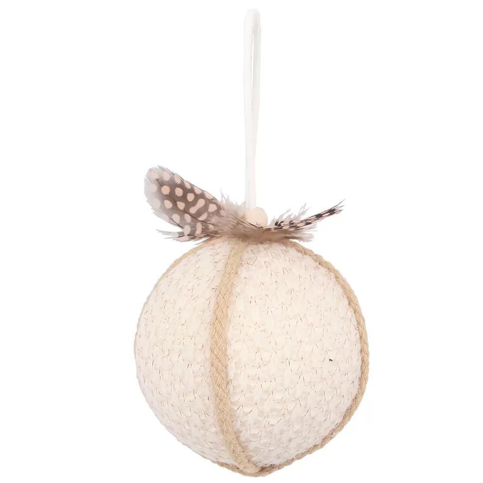Christmas Forever BALL FABRIC WOOL 3″ IVORY W/ ROPE & FEATHER