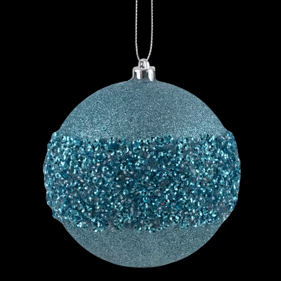 Christmas Forever BALL GLITTER W/BEAD BAND 100MM BLUE TEAL