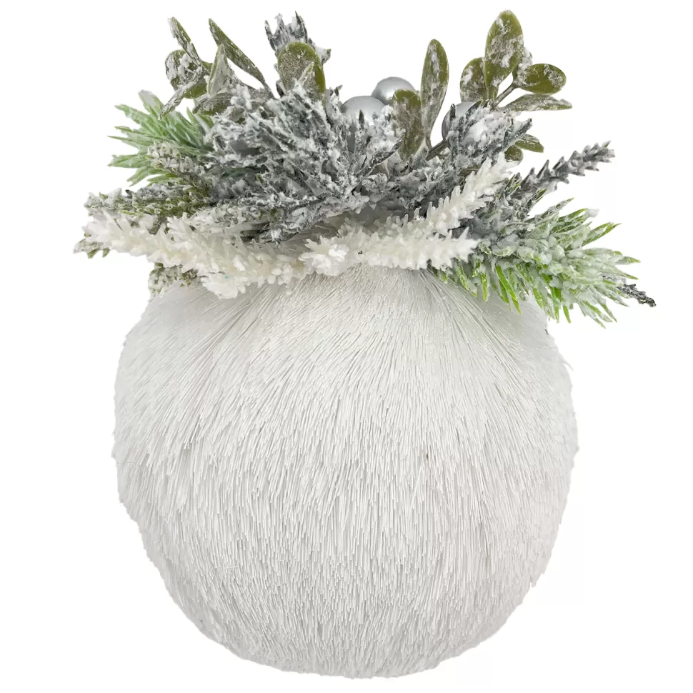 Christmas Forever BALL GRASS WHITE 4.5″ W/ FROSTED PINE & BERRIES