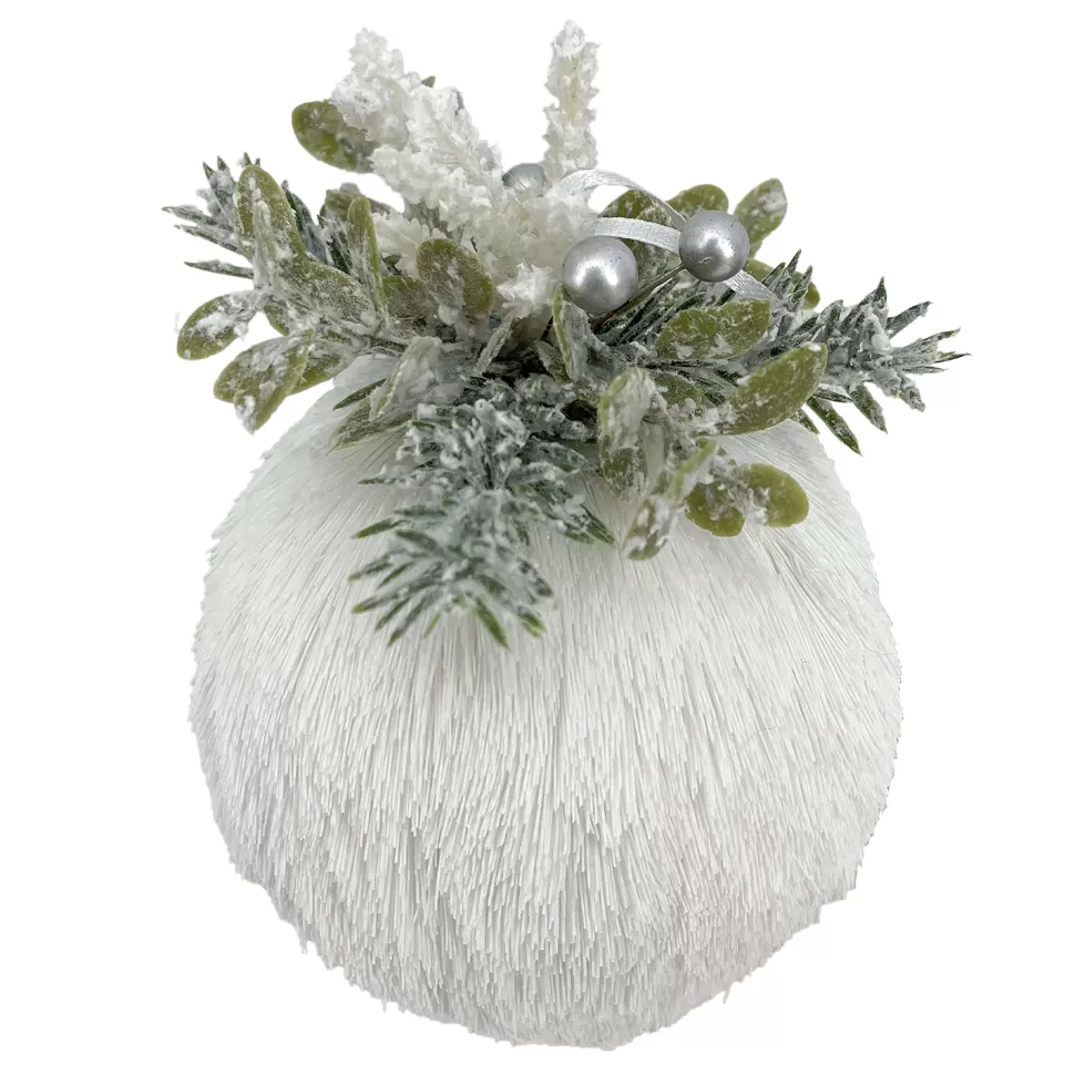 Christmas Forever BALL GRASS WHITE 4″ W/ FROSTED PINE & BERRIES