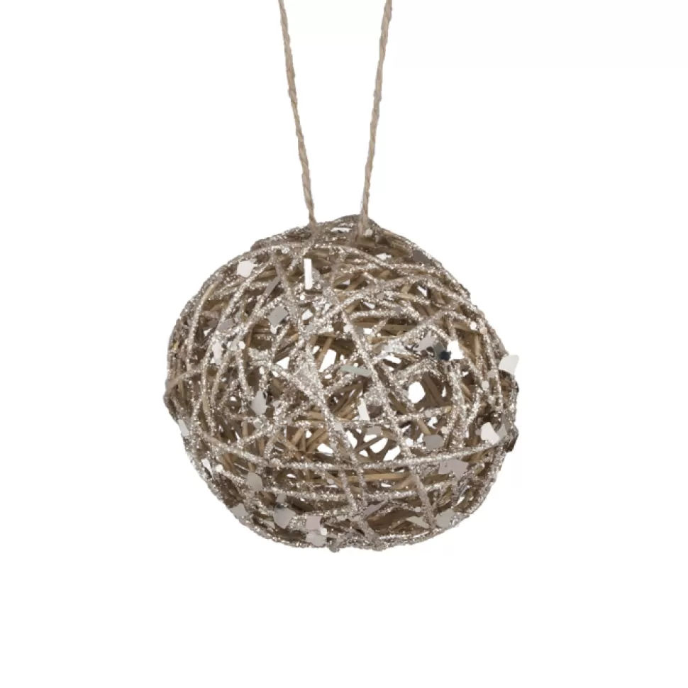 Christmas Forever BALL NATURAL RATTAN/ GLTR 4″ W/ CHAMP. GLITTER