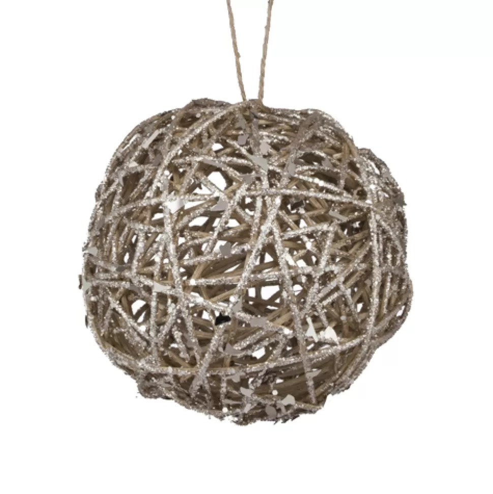 Christmas Forever BALL NATURAL RATTAN/ GLTR 6″ W/ CHAMP GLITTER