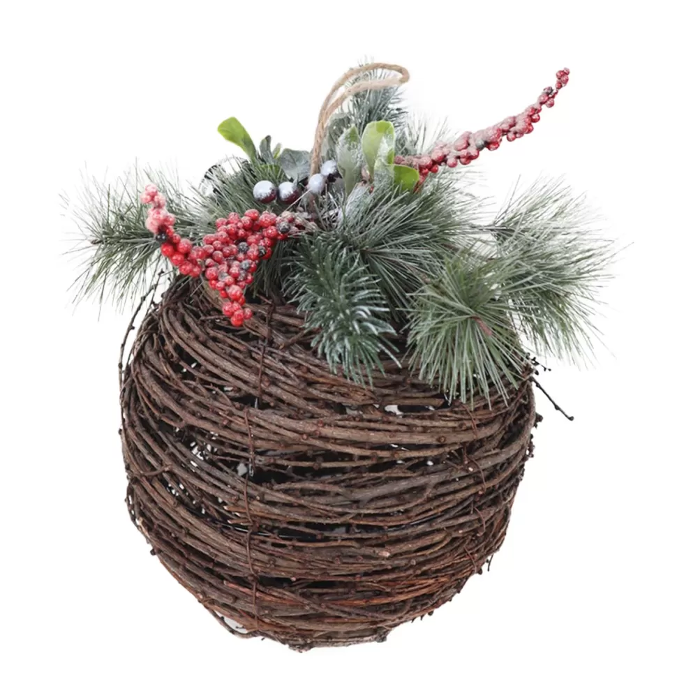 Christmas Forever BALL RATTAN/ GREENS 9.5″X10.5″ W/ FROSTED NEEDLE PINE & BERRIES