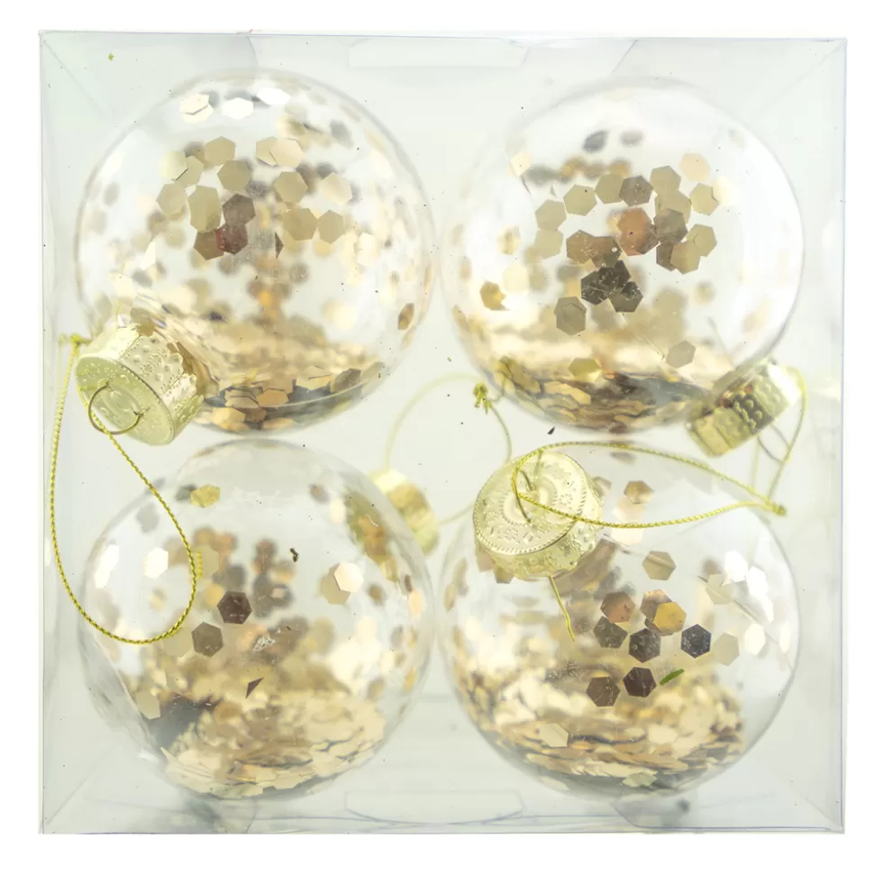 Christmas Forever BALLS BOXED 4PC 80MM CLEAR W/ CHAMPAGNE SEQUIN