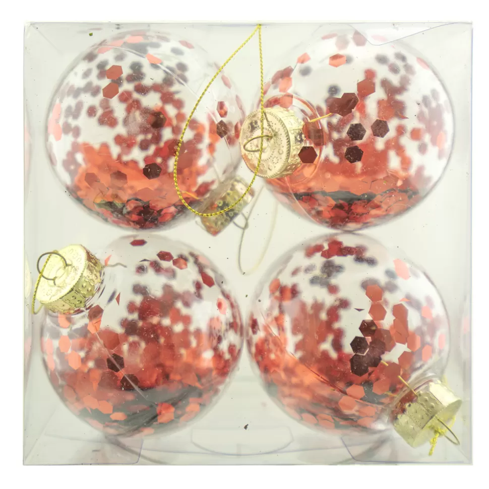 Christmas Forever BALLS BOXED 4PC 80MM CLEAR W/ RED SEQUIN