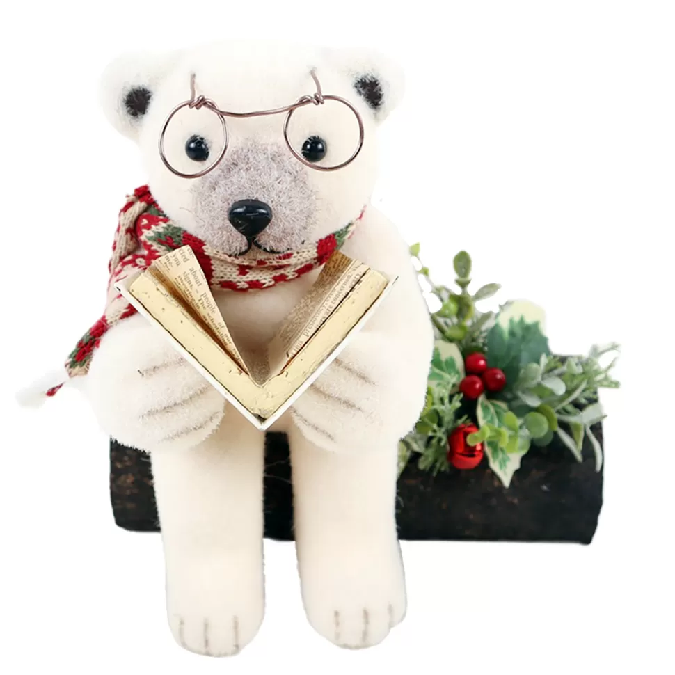 Christmas Forever BEAR BEIGE READING A BOOK ON A LOG 9.5″ WHT/GREEN/RED