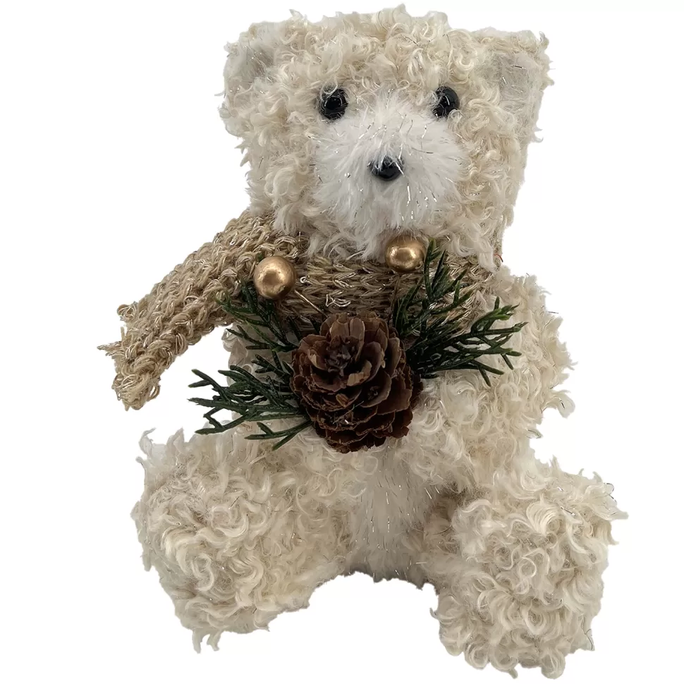 Christmas Forever BEAR BEIGE SHERPA SITTING 5″x6.5″ W/ SCARF, PINE & CONE