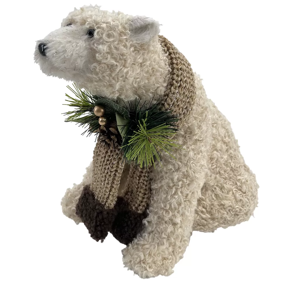 Christmas Forever BEAR BEIGE SHERPA SITTING 9.5″x10″ W/ SCARF, NEEDLE PINE, CONE & EUCALYPTUS