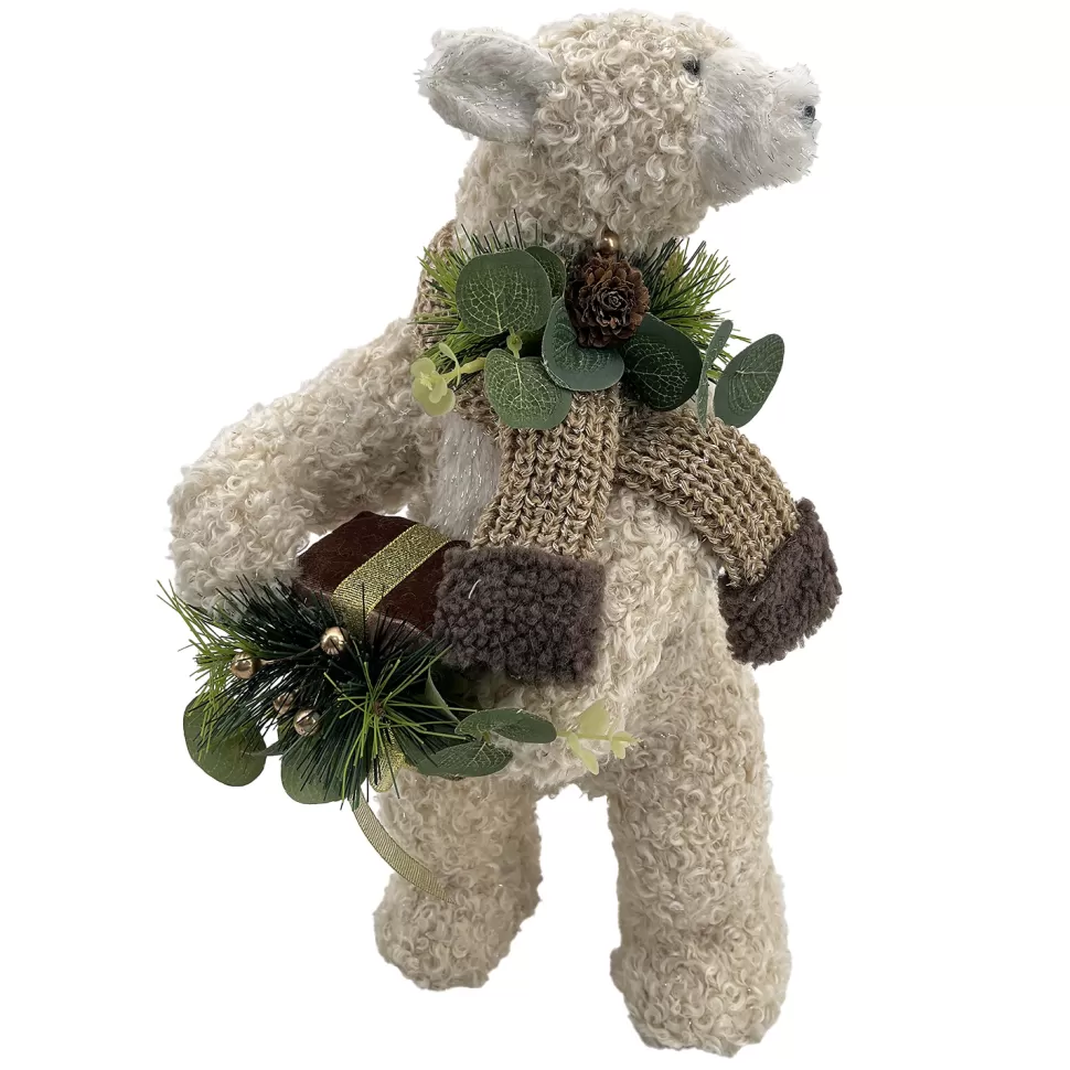 Christmas Forever BEAR BEIGE SHERPA STANDING 8″x14″ W/ SCARF, NEEDLE PINE, CONE & EUCALYPTUS
