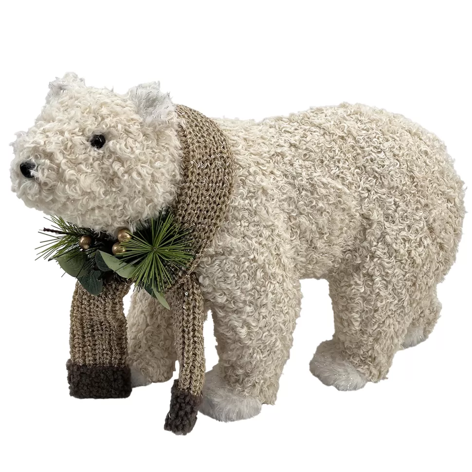 Christmas Forever BEAR BEIGE SHERPA WALKING 16.5″x11″ W/ SCARF, NEEDLE PINE, CONE & EUCALYPTUS
