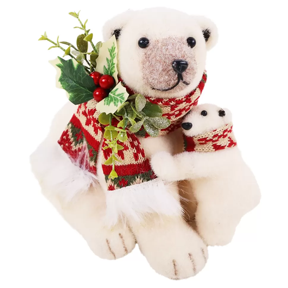 Christmas Forever BEAR BEIGE W/ NORDIC SCARF, HOLLY & BERRIES 8″ WHT/GREEN/RED