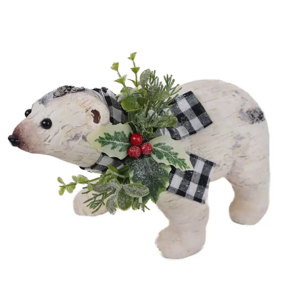 Christmas Forever BEAR BIRCH LOOK 11″X5″X7″ WHITE/BLACK PLAID SCARF