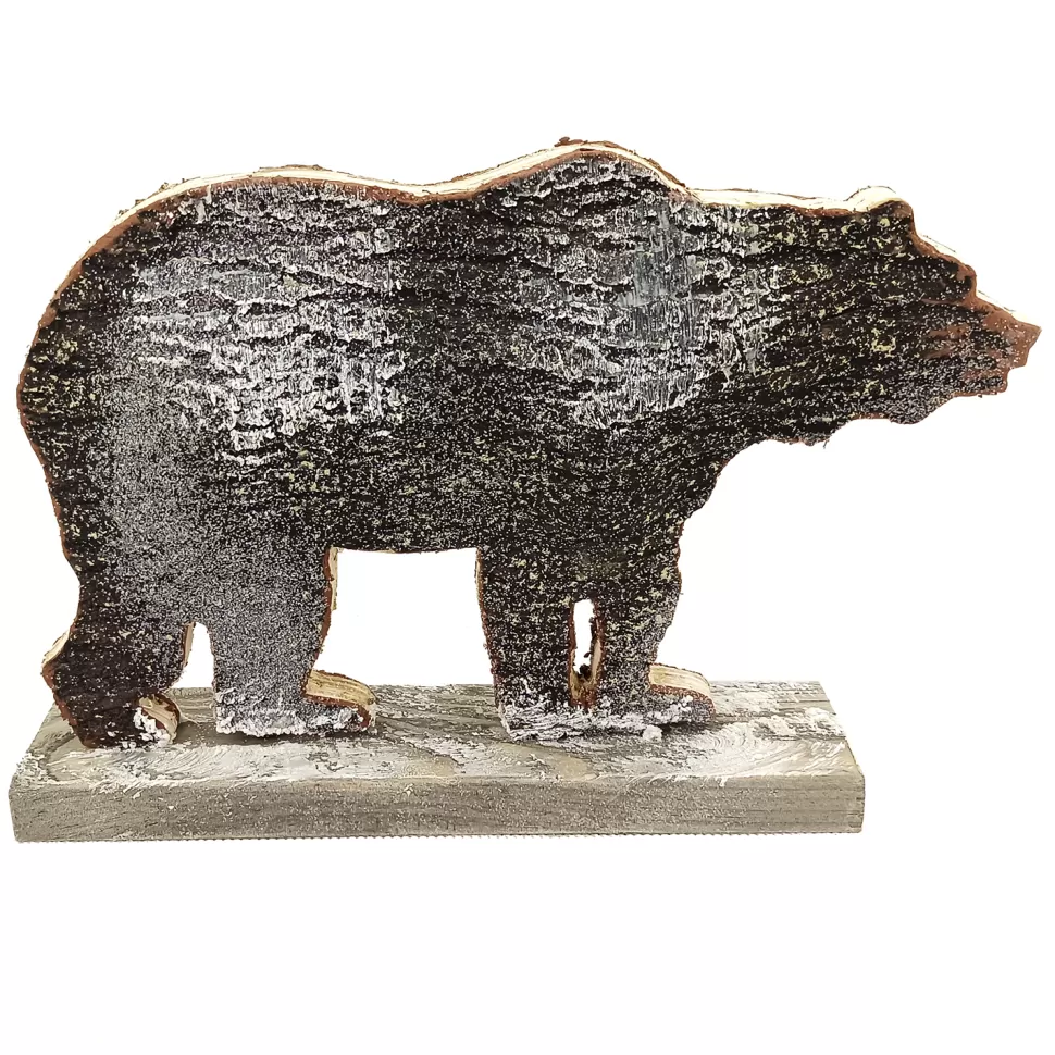 Christmas Forever BEAR BROWN WOODEN TABLE DECOR 9.5″x10″ FROSTED NATURAL/BIRCH LOOK