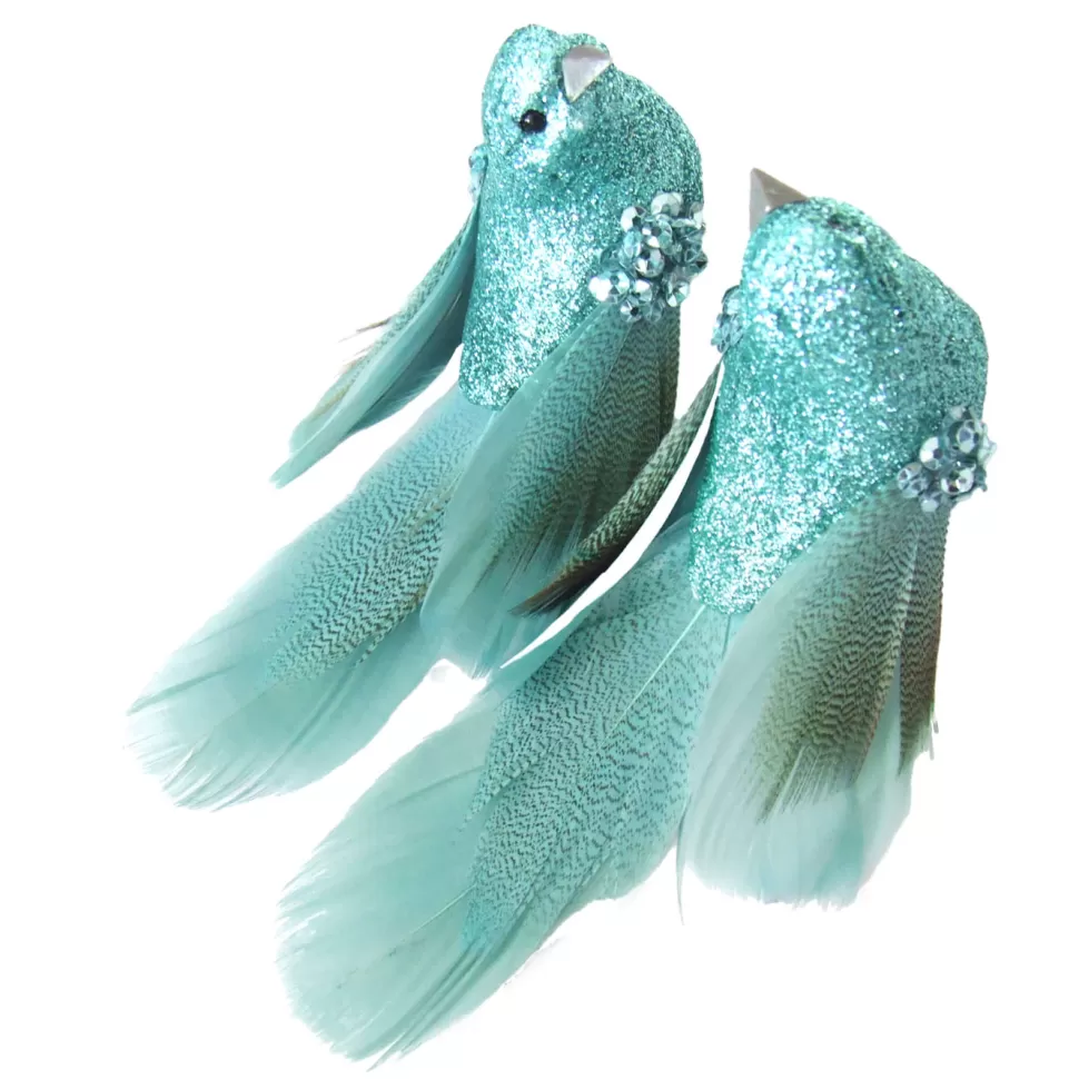 Christmas Forever BIRD BLUE- TEAL 5.5″ W/ GLITTER & SEQUINS 2/S W/ CLIP