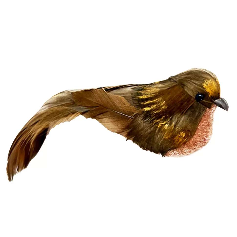 Christmas Forever BIRD BROWN FEATHERS 6″ W/ GOLD BRUSHED