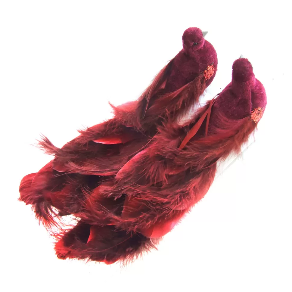 Christmas Forever BIRD BURGUNDY 10.25″ FABRIC W/ LONG TAIL 2/S W/ CLIP