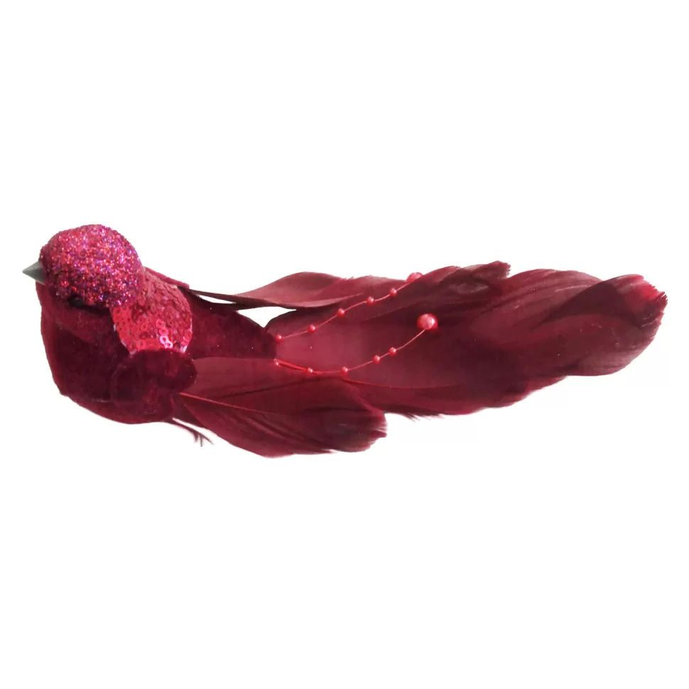 Christmas Forever BIRD BURGUNDY FEATHERS/FABRIC 7.5″ BURGUNDY GLITTER, BEADS & SEQUINS W/ CLIP