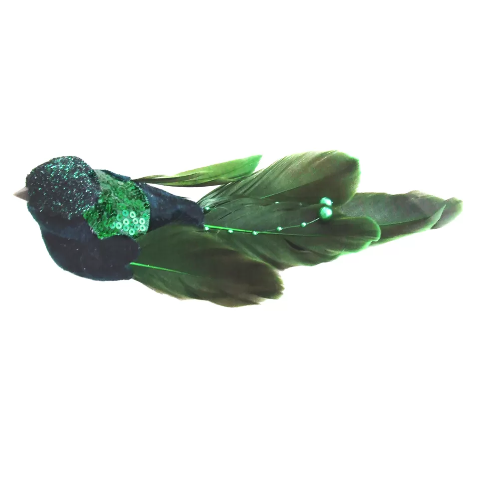 Christmas Forever BIRD GREEN -DARK FEATHERS/FABRIC 7.5″ DARK GREEN GLITTER, BEADS & SEQUINS W/ CLIP