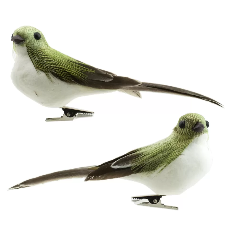 Christmas Forever BIRD GREEN/BROWN TAIL 6″ W/ CLIP 2/S