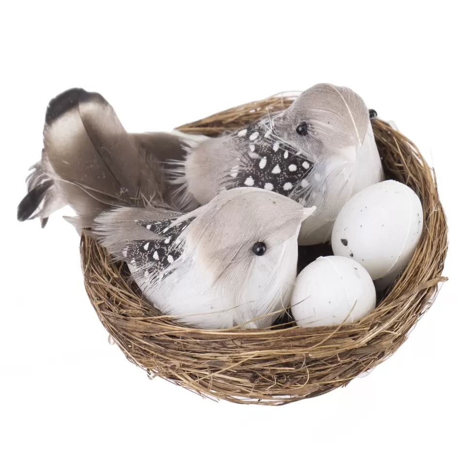 Christmas Forever BIRD NATURAL BROWN/WHITE 3.5″ IN NEST AND EGGS FEATHER TAIL