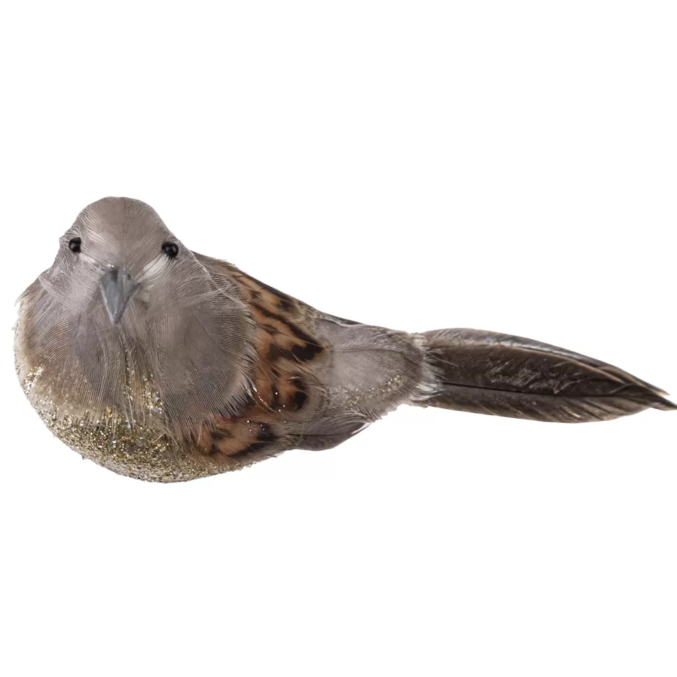Christmas Forever BIRD NATURAL GRAY/ BROWN 5.5″ W/CLIP FEATHER TAIL