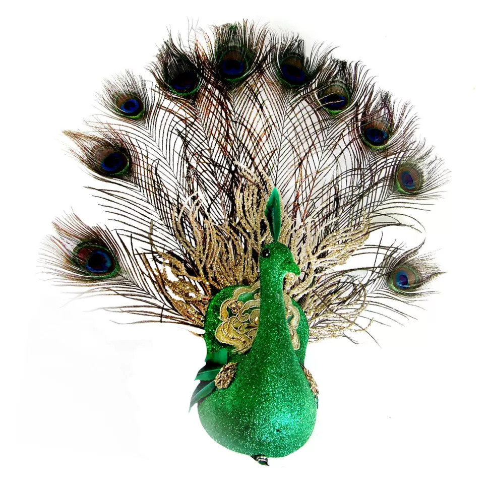 Christmas Forever BIRD PEACOCK 17.5″ W/ GLITTER & LACE GREEN WITH CLIP