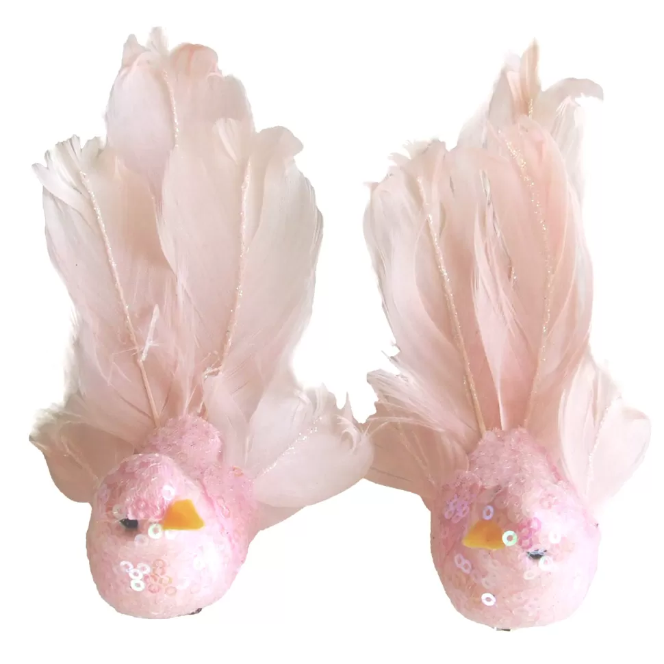 Christmas Forever BIRD PINK FEATHERS/FABRIC 6″ PINK GLITTER & SEQUINS W/ CLIP 2 ASSTD.