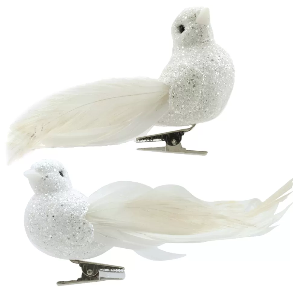 Christmas Forever BIRD WHITE 4.5″ W/ CLIP & GLTR 2/S