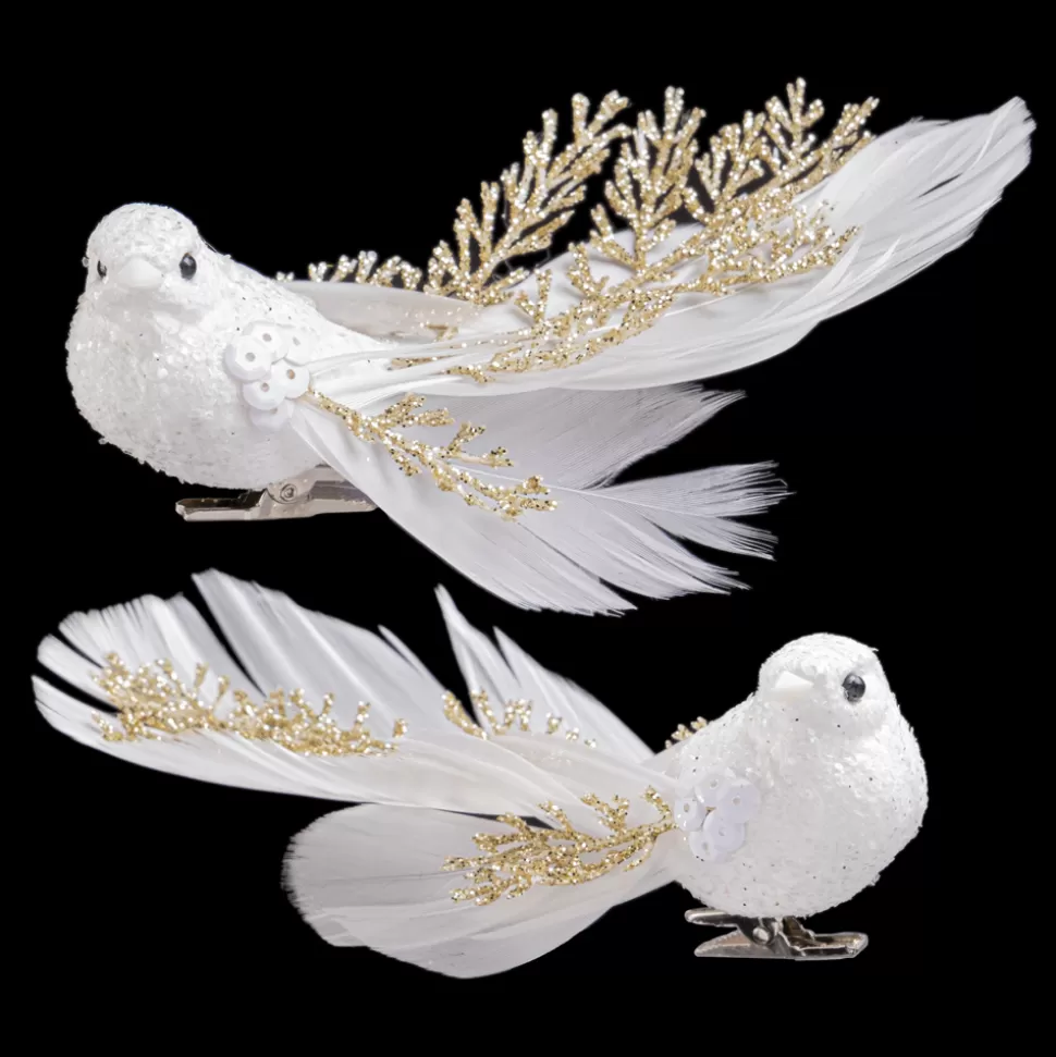 Christmas Forever BIRD WHITE 6″ W/ CLIP & GOLD LEAF TAIL 2/S