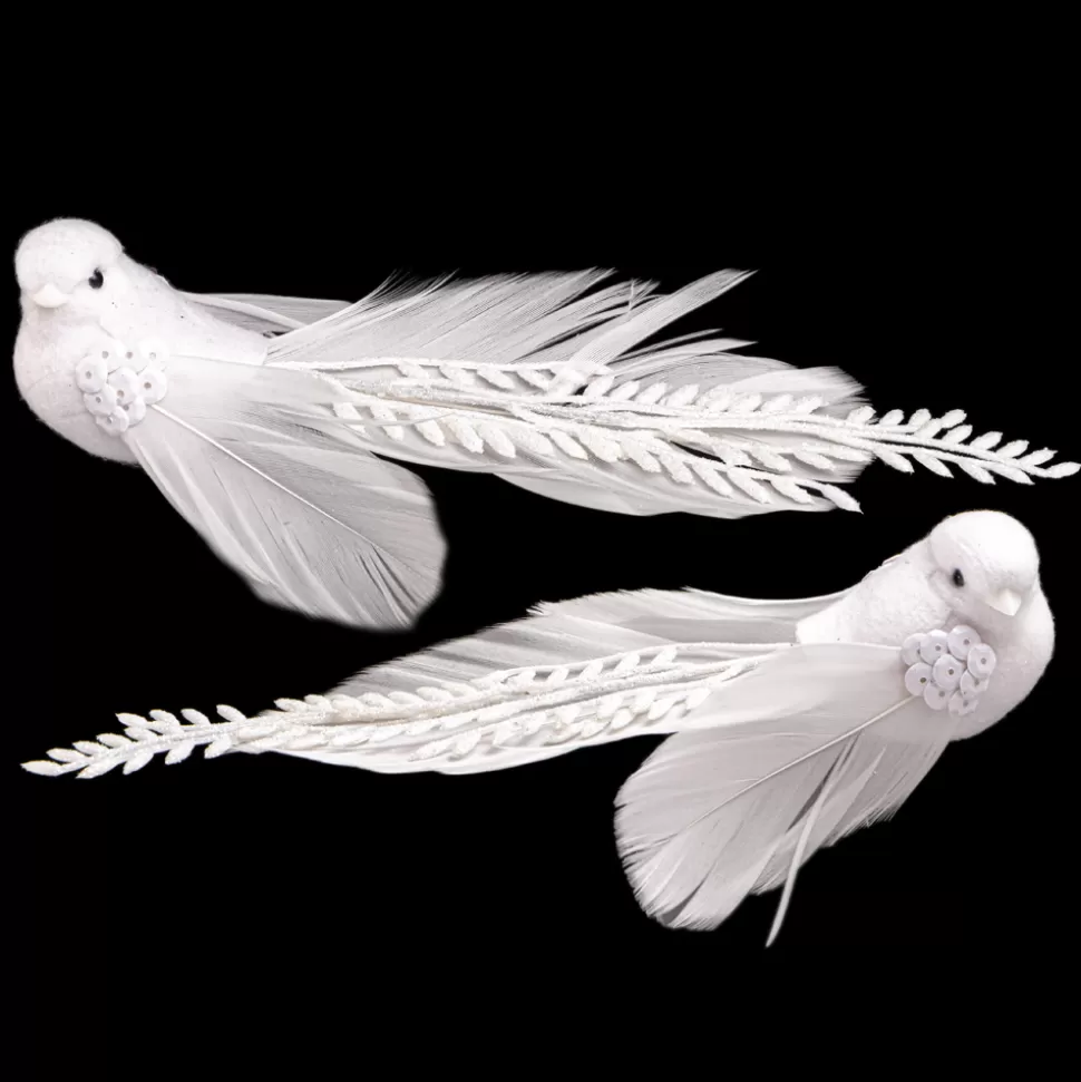 Christmas Forever BIRD WHITE 8″ W/ CLIP, SEQUIN AND FEATHER TAIL W/ GLTR 2/S