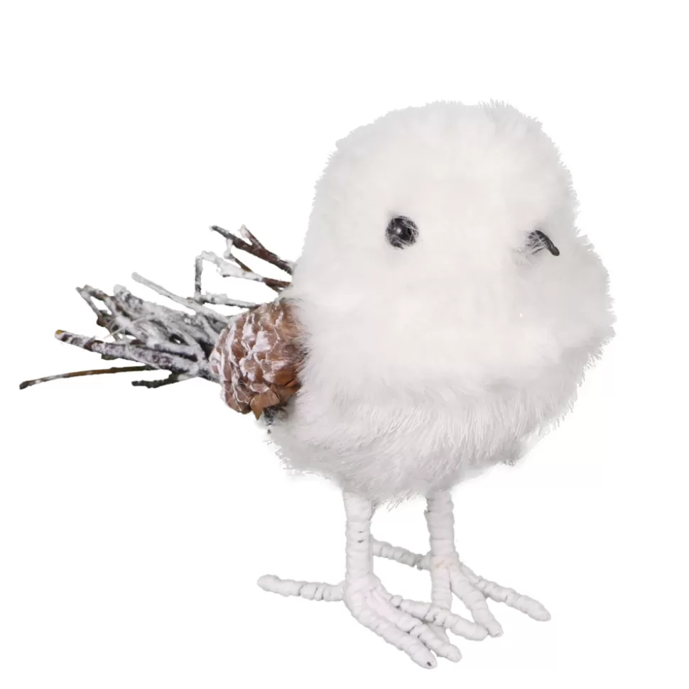 Christmas Forever BIRD WHITE/IVORY 6.7″ FAUX FUR W/ TWIG TAIL