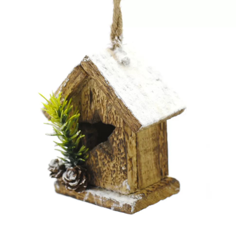 Christmas Forever BIRDHOUSE NATURAL 4″ WOODEN W/ SNOW COVERED ROOF