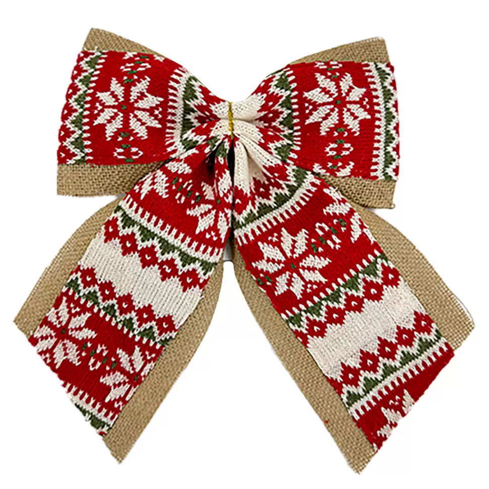 Christmas Forever BOW BURLAP/KNITTED FABRIC RED/WHITE 12″ W/ NORDIC PRINT