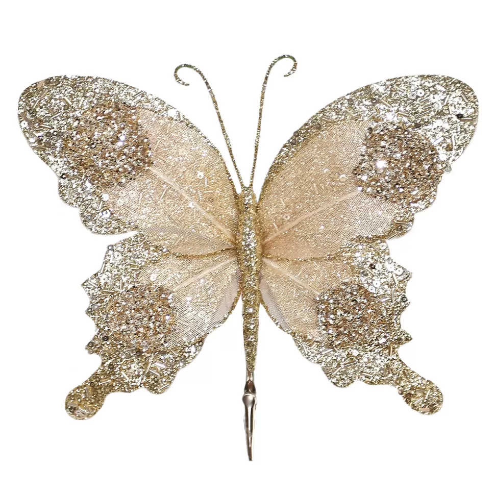 Christmas Forever BUTTERFLY CHAMPAGNE 9.5″x6.5″ VELVET/SHEER W/ GLITTER & CLIP