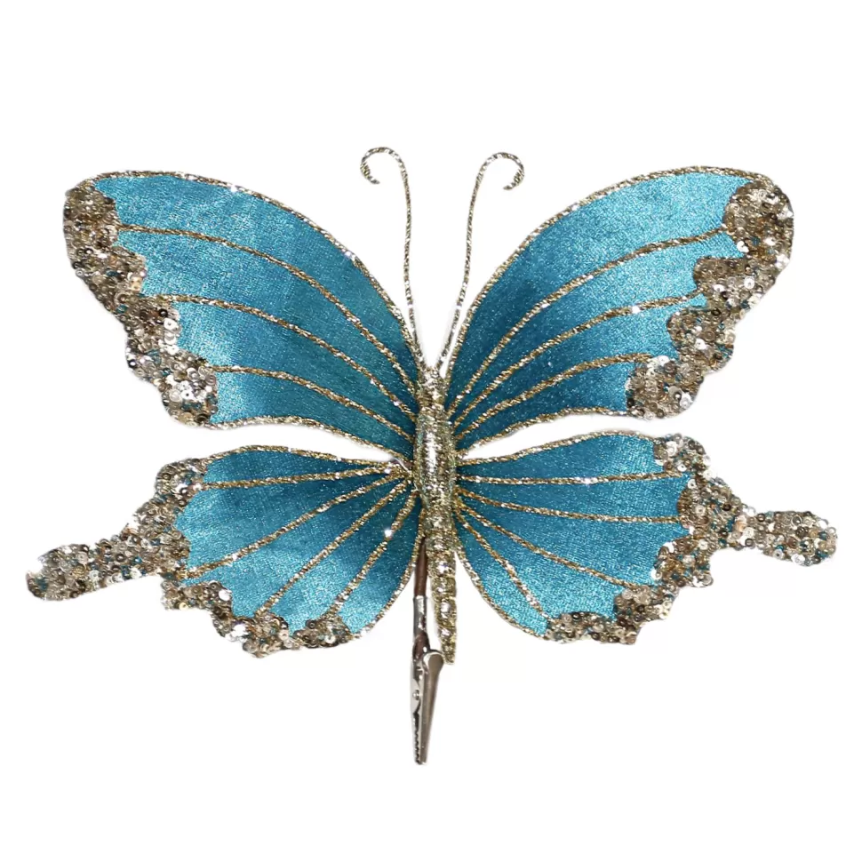 Christmas Forever BUTTERFLY TEAL 9″ X 5.5″ VELVET W/ CHAMPAGNE GLITTER & SEQUINS W/ CLIP