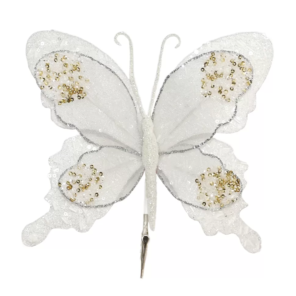 Christmas Forever BUTTERFLY WHITE 9.5″x6.5″ VELVET/SHEER W/ GLITTER & CLIP